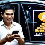 **A distressed Thai individual, holding an empty wallet, stares at a phone screen displaying a severe financial loss. In the background, a large, charismatic online "guru" figure, projected onto a glowing screen, smiles confidently amidst symbols of luxury (fast car, money stacks). The scene captures the deceptive allure of quick-rich schemes and the painful reality of online investment fraud. Dynamic lighting, illustrating illusion versus reality.**