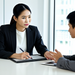 A professional, middle-aged Thai woman in a modest business suit, offering guidance to a younger professional Thai man. They are seated at a polished conference table in a bright, modern office, engaged in a thoughtful discussion. A digital tablet lies closed on the table, symbolizing the backdrop of information, but the focus is on their direct, personal interaction and shared wisdom. The scene is well-lit, emphasizing trust and clarity. safe for work, appropriate content, fully clothed, professional, perfect anatomy, correct proportions, natural pose, well-formed hands, proper finger count, natural body proportions, high quality professional photography.