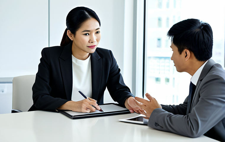 A professional, middle-aged Thai woman in a modest business suit, offering guidance to a younger professional Thai man. They are seated at a polished conference table in a bright, modern office, engaged in a thoughtful discussion. A digital tablet lies closed on the table, symbolizing the backdrop of information, but the focus is on their direct, personal interaction and shared wisdom. The scene is well-lit, emphasizing trust and clarity. safe for work, appropriate content, fully clothed, professional, perfect anatomy, correct proportions, natural pose, well-formed hands, proper finger count, natural body proportions, high quality professional photography.