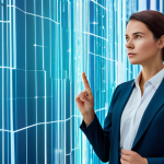 A focused professional woman in a crisp business suit stands in a bright, futuristic digital environment. She gestures thoughtfully as a dynamic torrent of glowing abstract data streams surrounds her, representing information overload. Her expression is one of calm discernment, as if filtering and processing complex information. The background features subtle holographic elements and clear, clean lines. fully clothed, modest clothing, appropriate attire, professional dress, safe for work, appropriate content, professional, family-friendly, perfect anatomy, correct proportions, natural pose, well-formed hands, proper finger count, natural body proportions, professional photography, high resolution, sharp focus, vibrant colors.