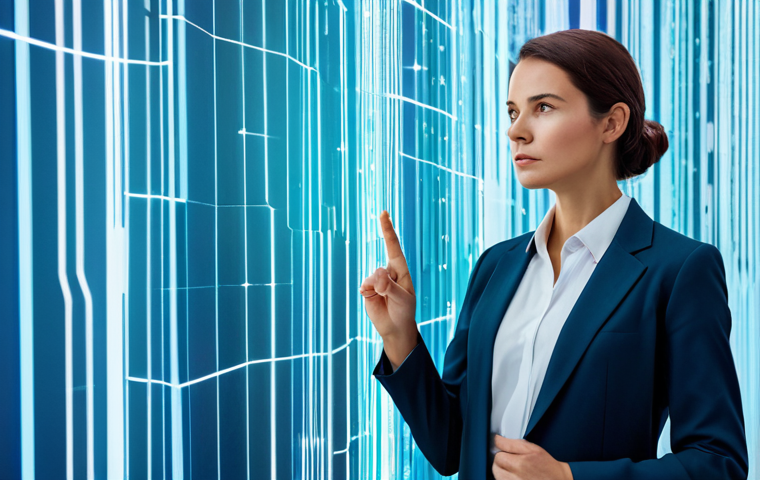 A focused professional woman in a crisp business suit stands in a bright, futuristic digital environment. She gestures thoughtfully as a dynamic torrent of glowing abstract data streams surrounds her, representing information overload. Her expression is one of calm discernment, as if filtering and processing complex information. The background features subtle holographic elements and clear, clean lines. fully clothed, modest clothing, appropriate attire, professional dress, safe for work, appropriate content, professional, family-friendly, perfect anatomy, correct proportions, natural pose, well-formed hands, proper finger count, natural body proportions, professional photography, high resolution, sharp focus, vibrant colors.