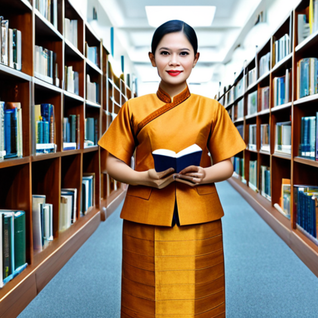 **
"A professional Thai librarian in a modest, traditional Thai dress, standing in a modern library filled with books, fully clothed, appropriate attire, safe for work, perfect anatomy, natural proportions, professional photography, high quality, family-friendly."
**