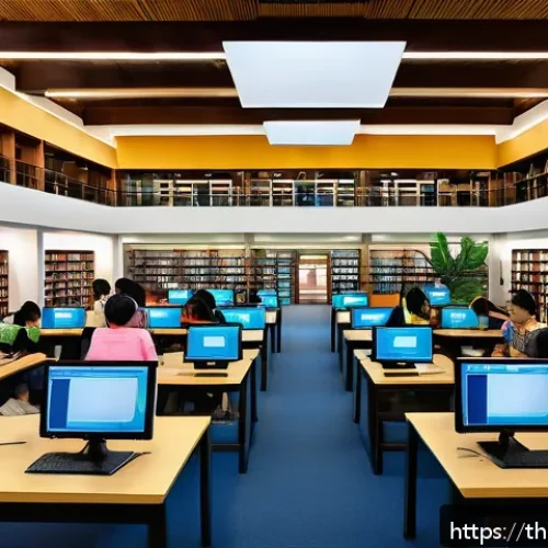 온라인 학술지에서 신뢰할 수 있는 정보 찾기 - A detailed digital illustration of a Thai university library interior filled with students of divers...