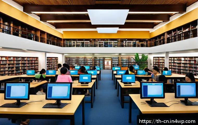 온라인 학술지에서 신뢰할 수 있는 정보 찾기 - A detailed digital illustration of a Thai university library interior filled with students of divers...