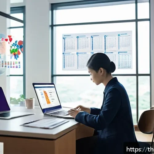 고품질 정보원 차별화하기 위한 기준 - A modern digital workspace showing a young Thai professional sitting at a desk in a bright, well-lit...