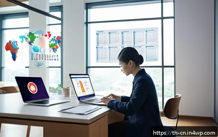 고품질 정보원 차별화하기 위한 기준 - A modern digital workspace showing a young Thai professional sitting at a desk in a bright, well-lit...